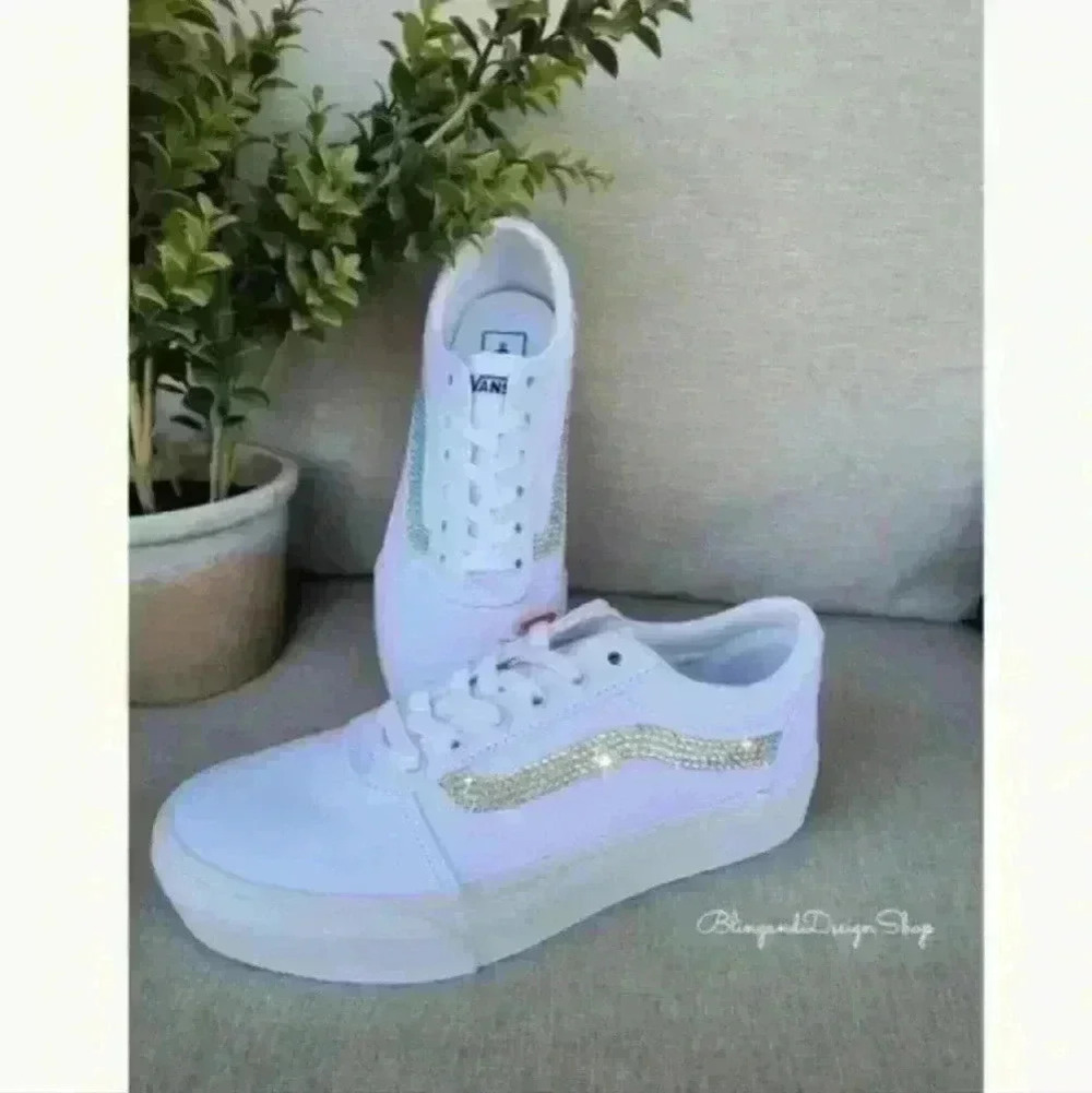 Vans Platform Old Skool White Sneakers Shoes Customized with Swarovski Crystals - Picture 6 of 9